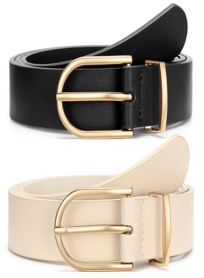 VONMELLI 2 Pack Women's Belts for Jeans Pants Fashion Gold Buckle Ladies Dress Belt Black Beige S - Image 1
